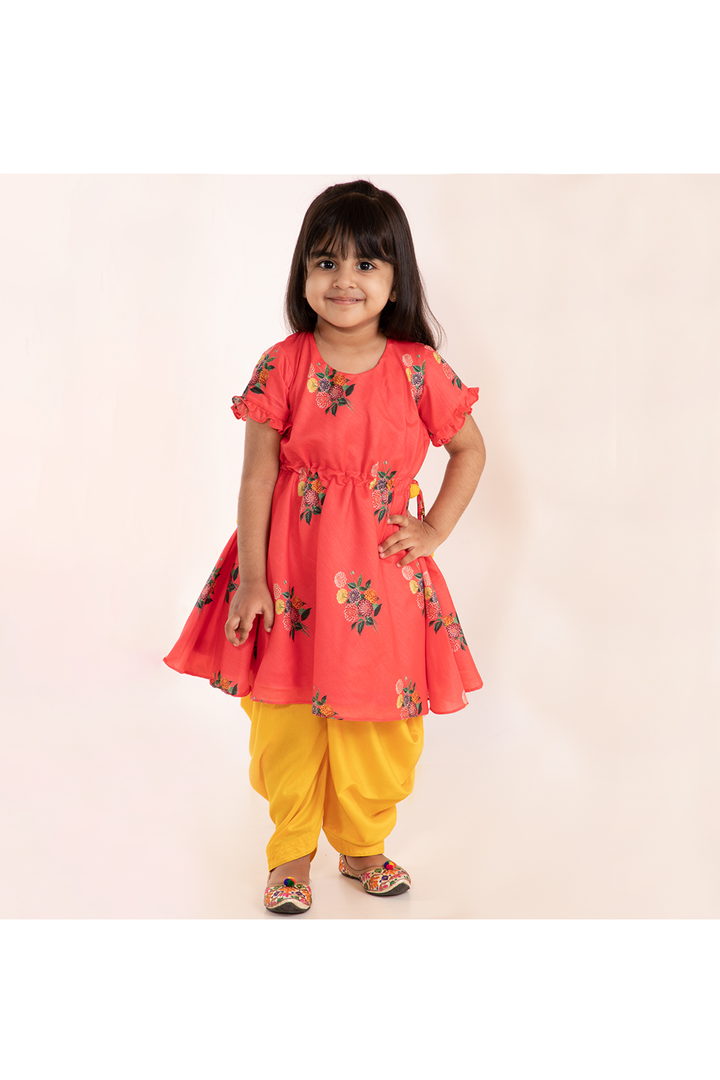 Peach printed kurti and yellow patiala set