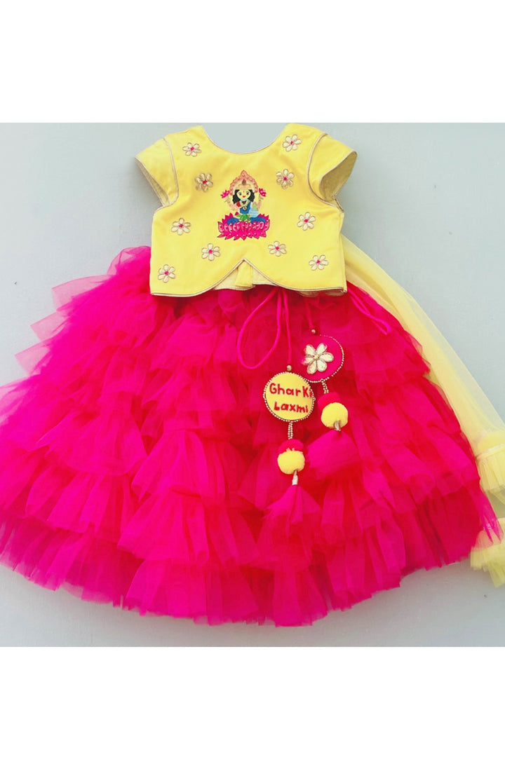 Yellow goddess laxmi embroidered choli with lehenga and dupatta
