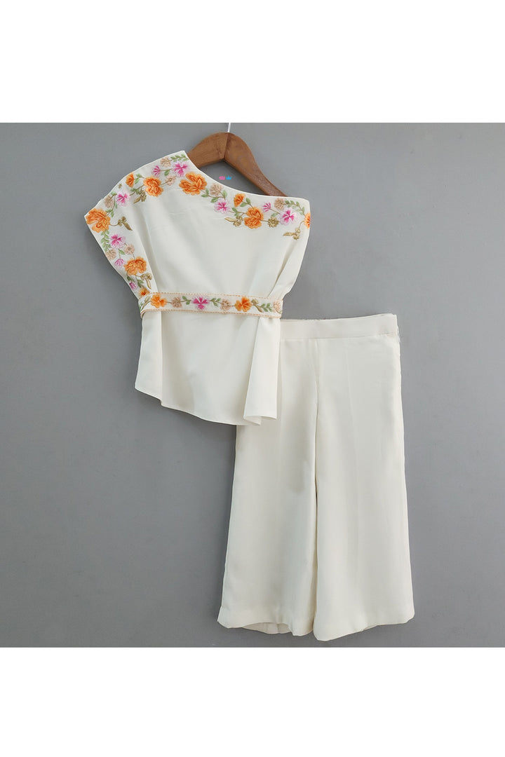 White Flower Embroidered One Shoulder Cape With Belt And Palazzo Set