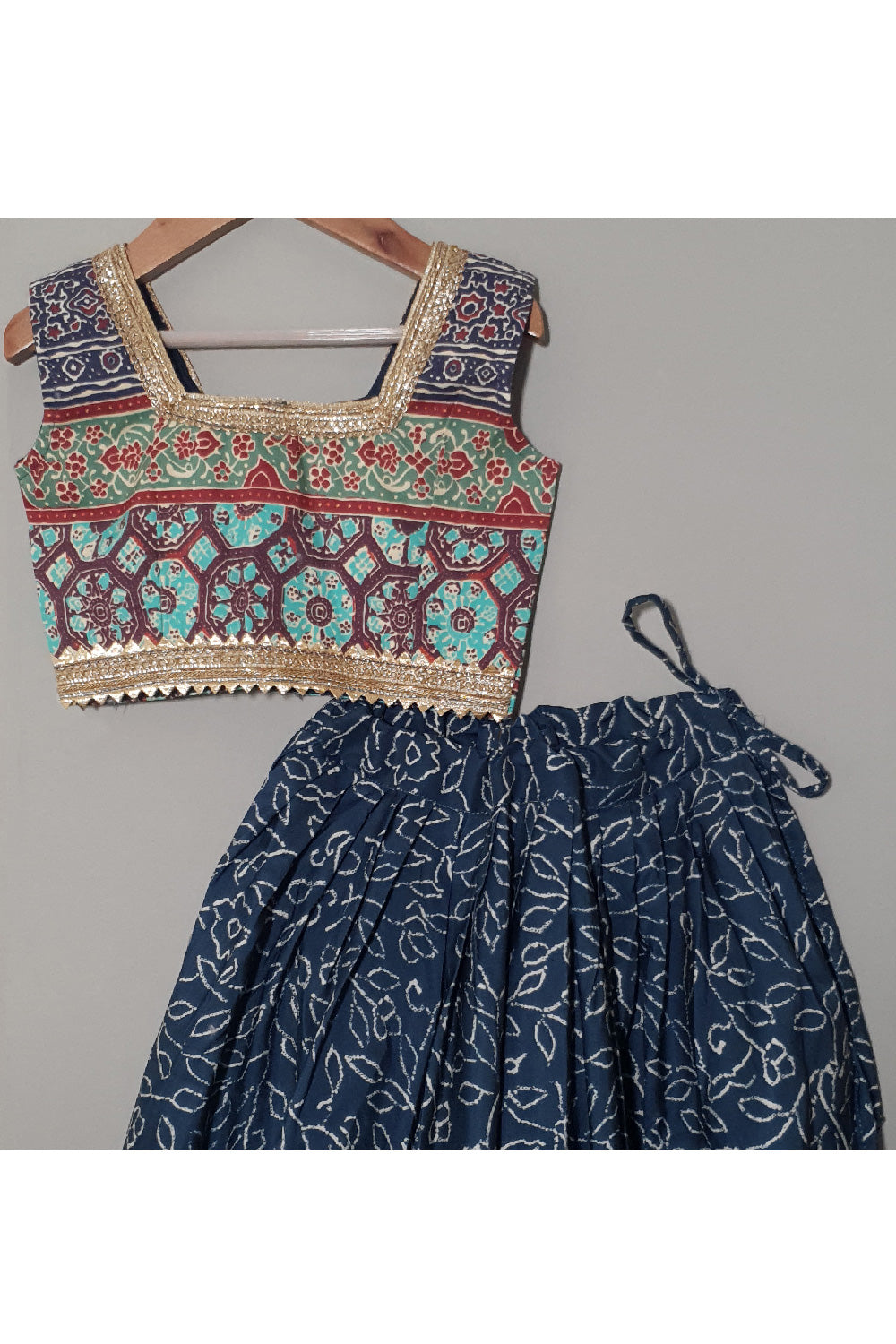 Dark Blue Printed Lace Detailing Sleeveless Top With Lehenga And Shrug Set