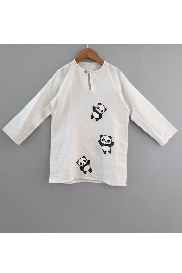 Hand painted panda white kurta