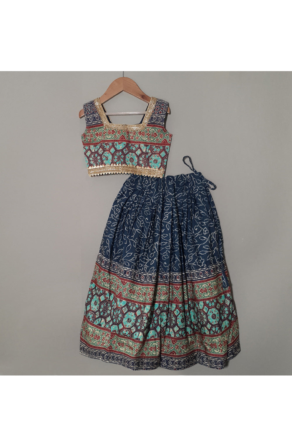 Dark Blue Printed Lace Detailing Sleeveless Top With Lehenga And Shrug Set