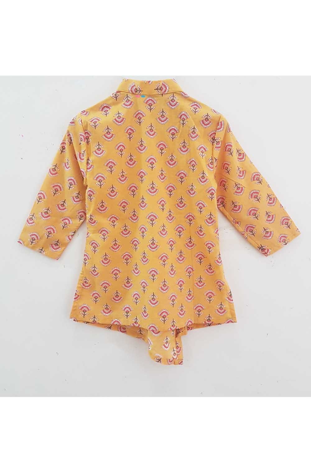 Mustard floral print kurta and white pyjama with mask