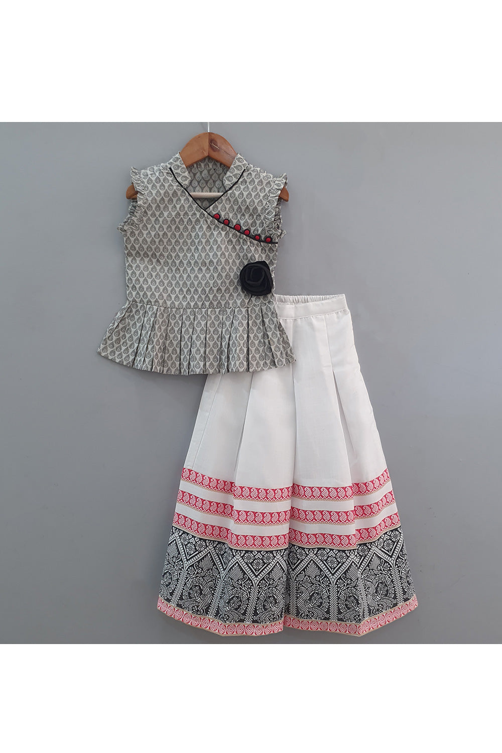 Grey Peplum Style Top With White Printed Palazzo Set