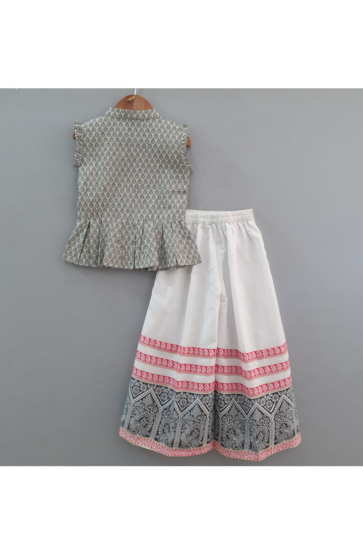 Grey Peplum Style Top With White Printed Palazzo Set