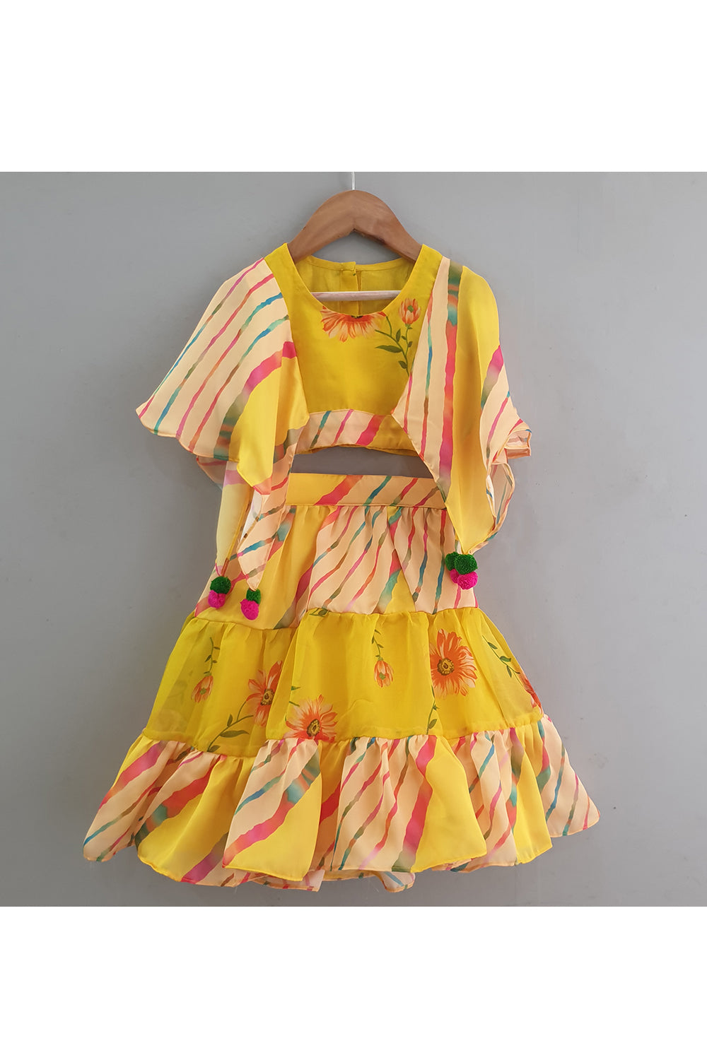 Yellow Printed Crop Top With Skirt Set