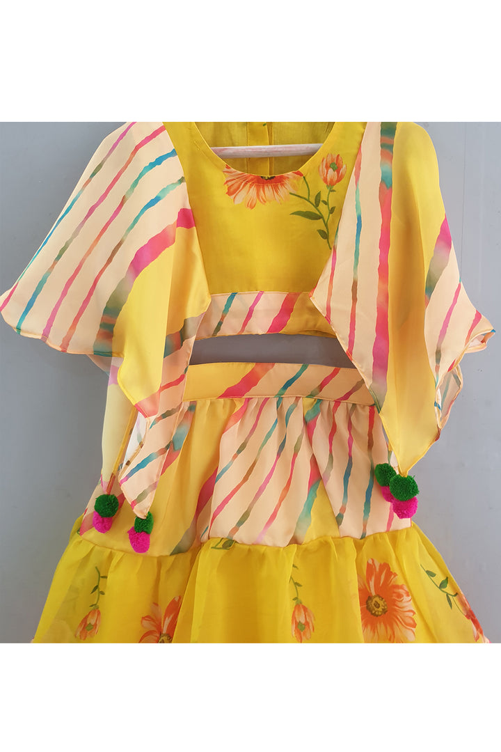 Yellow Printed Crop Top With Skirt Set