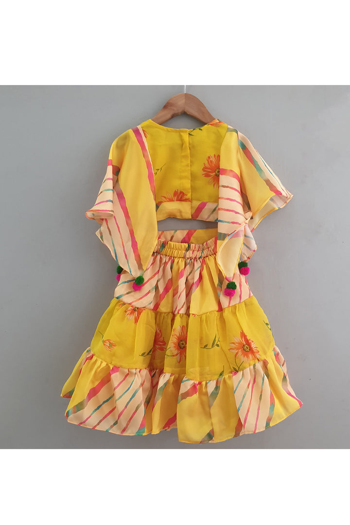 Yellow Printed Crop Top With Skirt Set