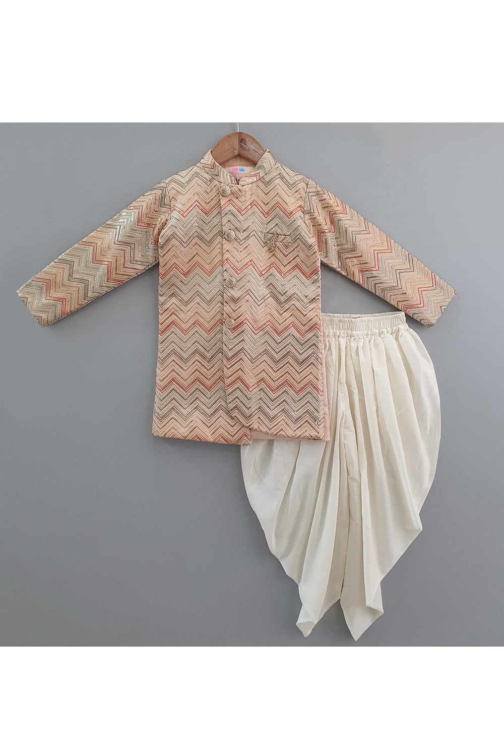 Peach Sequins Embroidered Achkan With Off White Dhoti