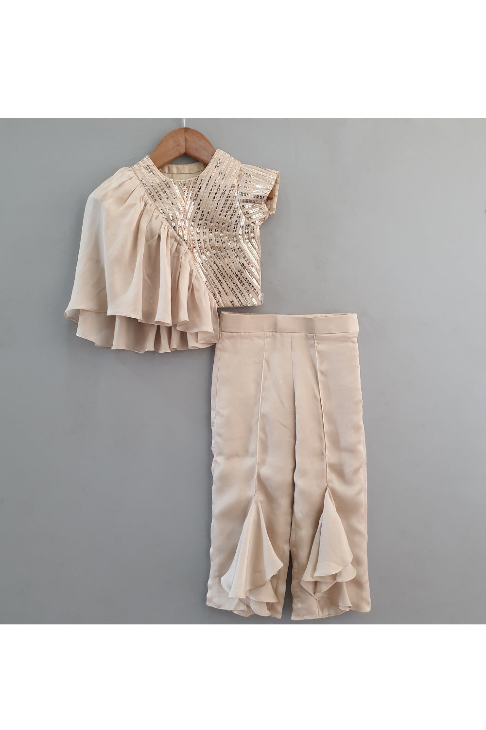 Beige Embroidered Flared Top With Pant Set