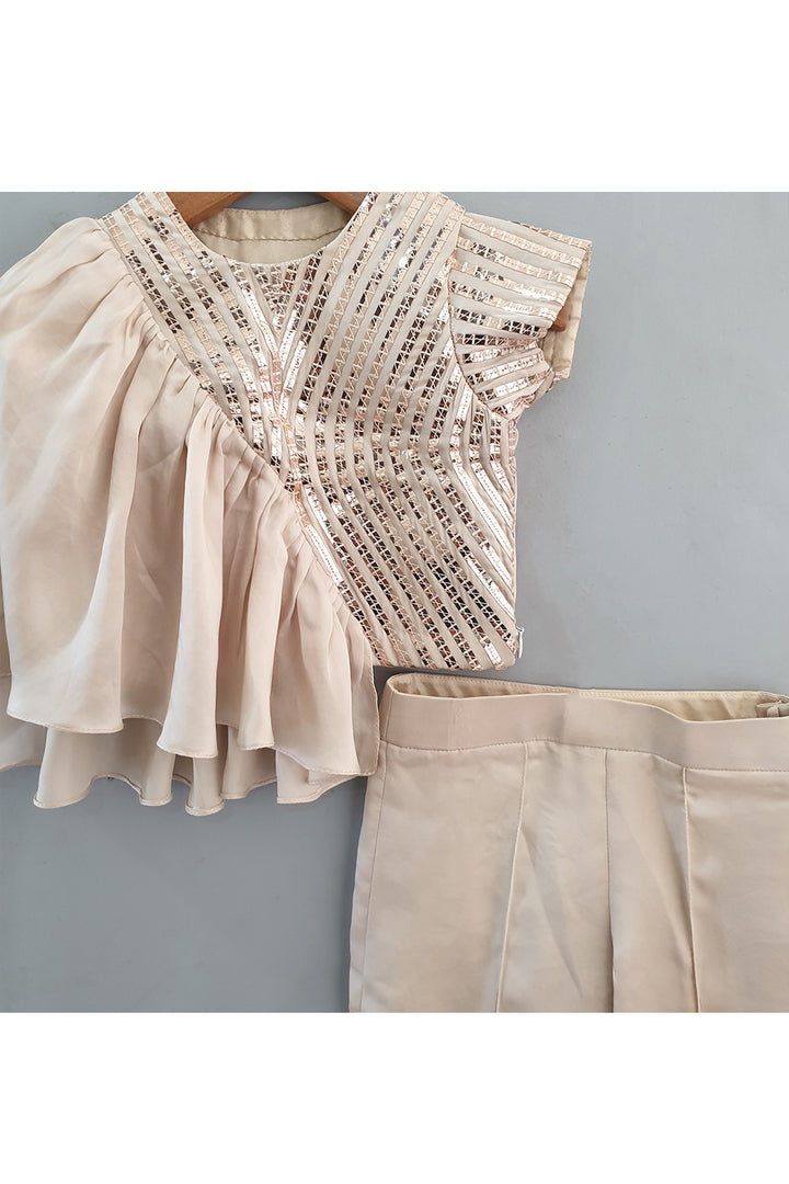 Champagne Embroidered Flared Top With Pant Set
