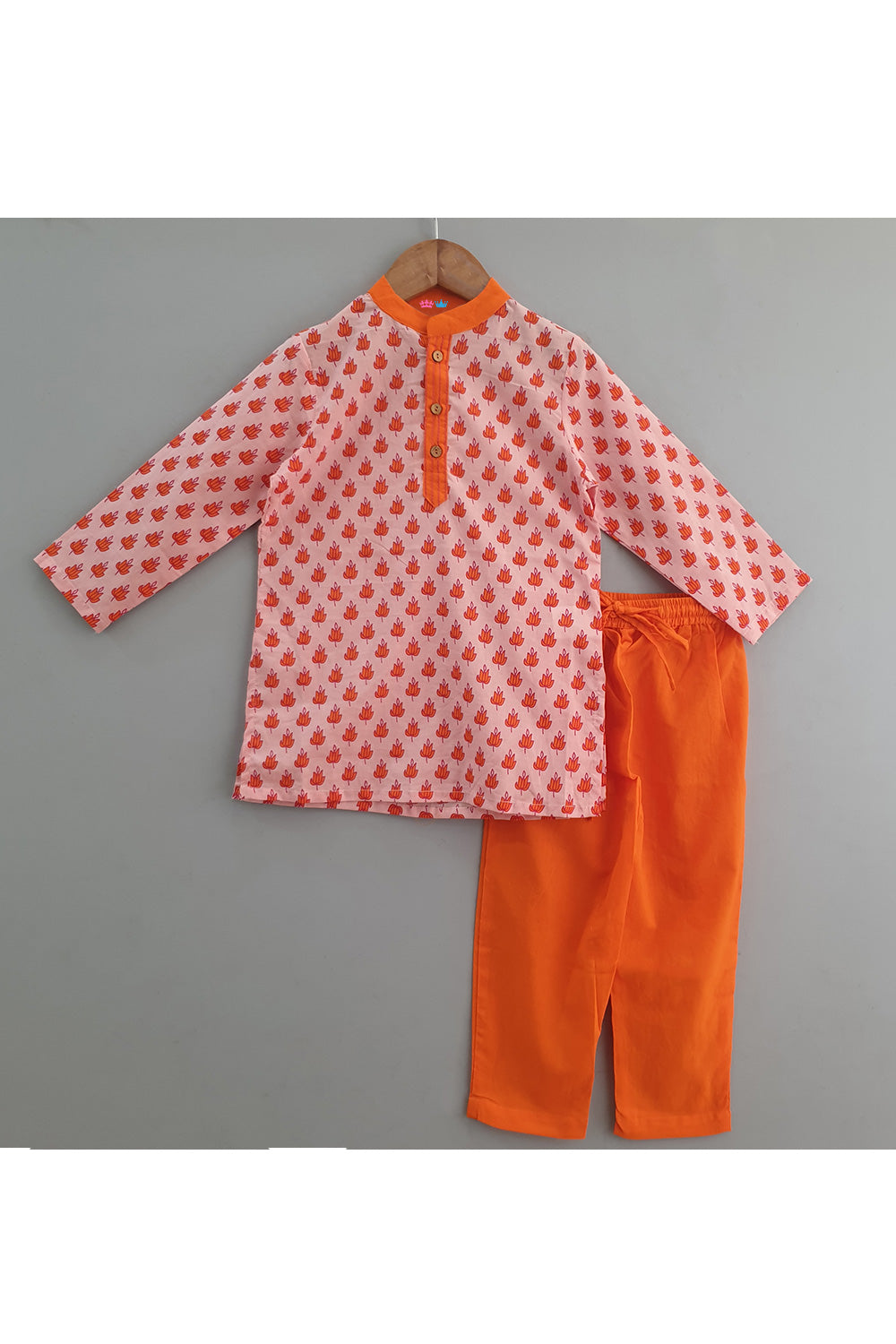 Orange Printed Cotton Kurta With Pyjama Set