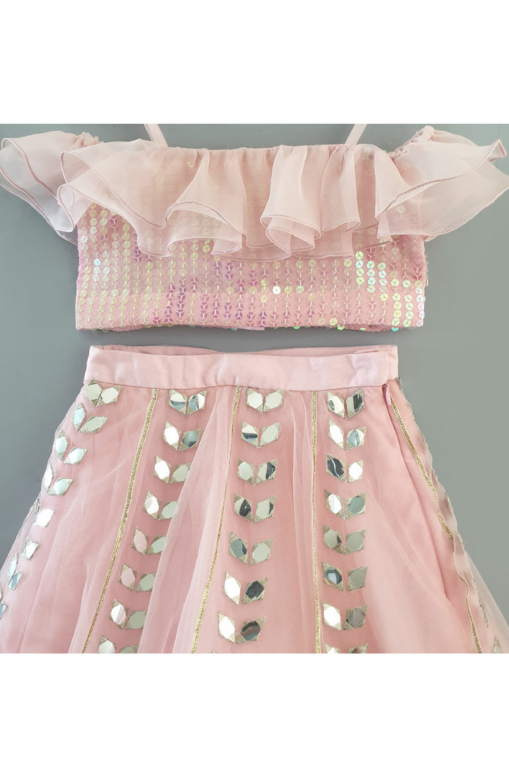 Pink Sequins Embroidered Off Shoulder Top With Lehenga Set