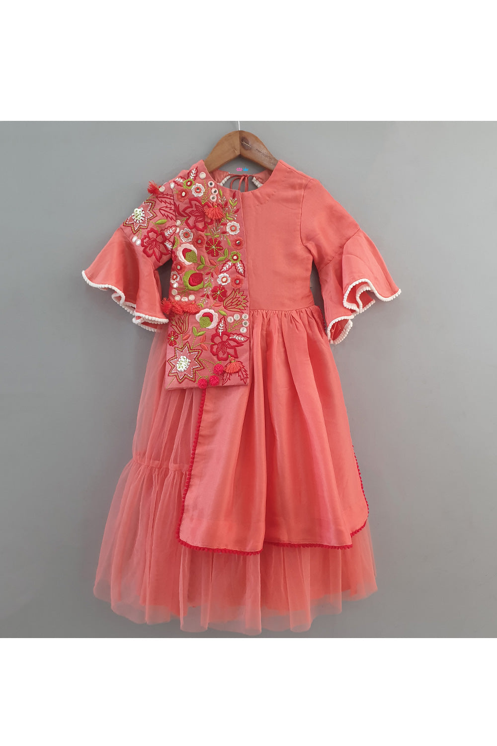 Peach Thread Embroidered Attached Jacket Gown