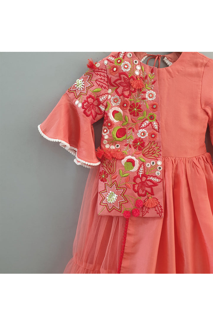 Peach Thread Embroidered Attached Jacket Gown