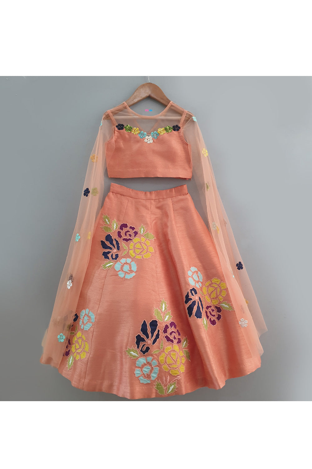 Peach Flower Embroidered Flared Top With Lehenga Set