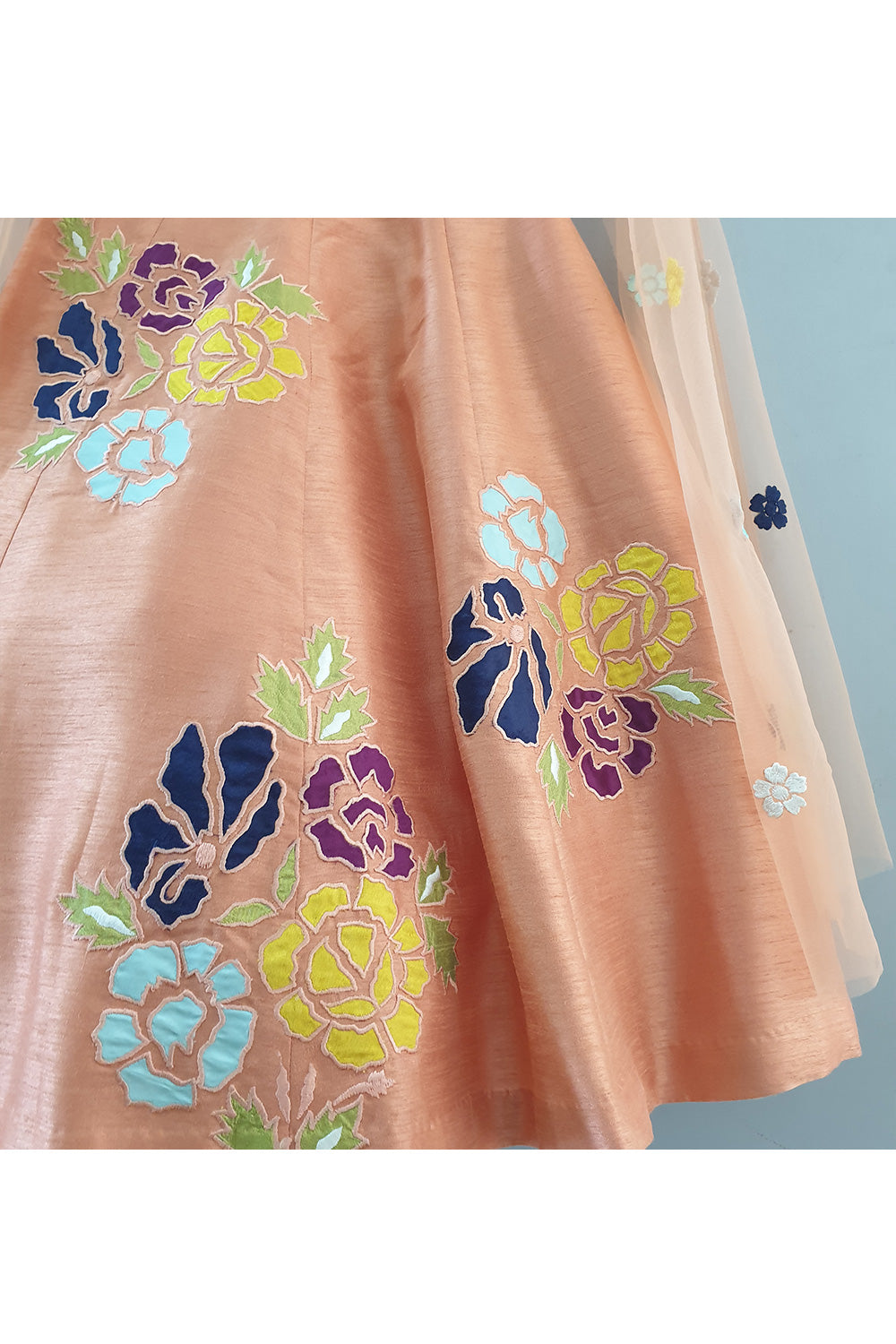 Peach Flower Embroidered Flared Top With Lehenga Set