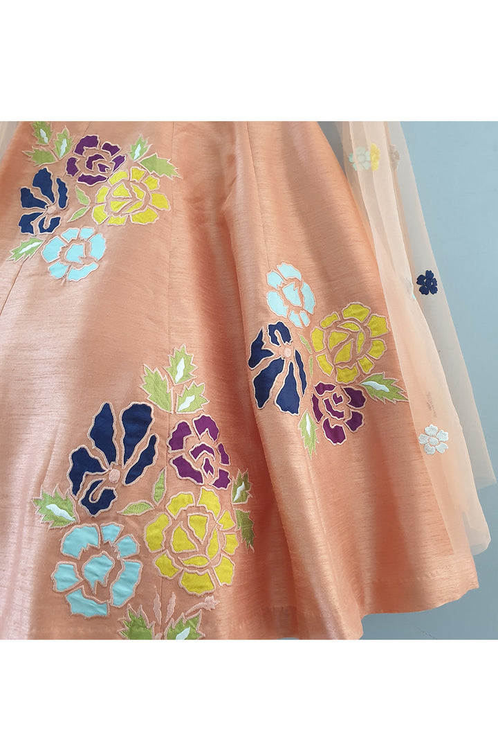 Peach Flower Embroidered Flared Top With Lehenga Set