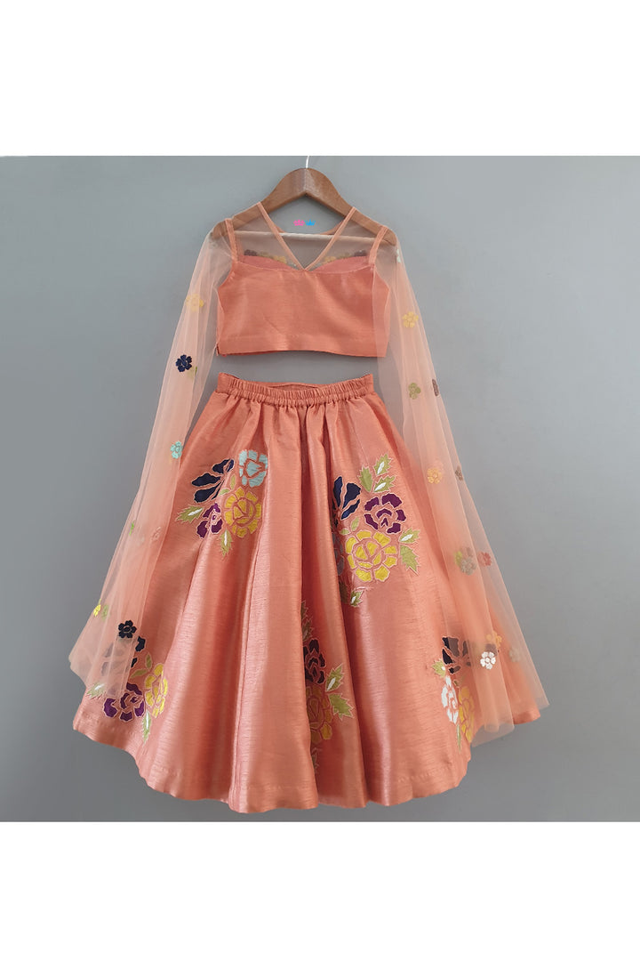 Peach Flower Embroidered Flared Top With Lehenga Set
