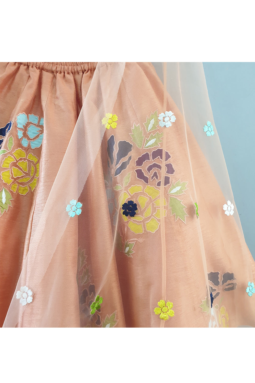 Peach Flower Embroidered Flared Top With Lehenga Set