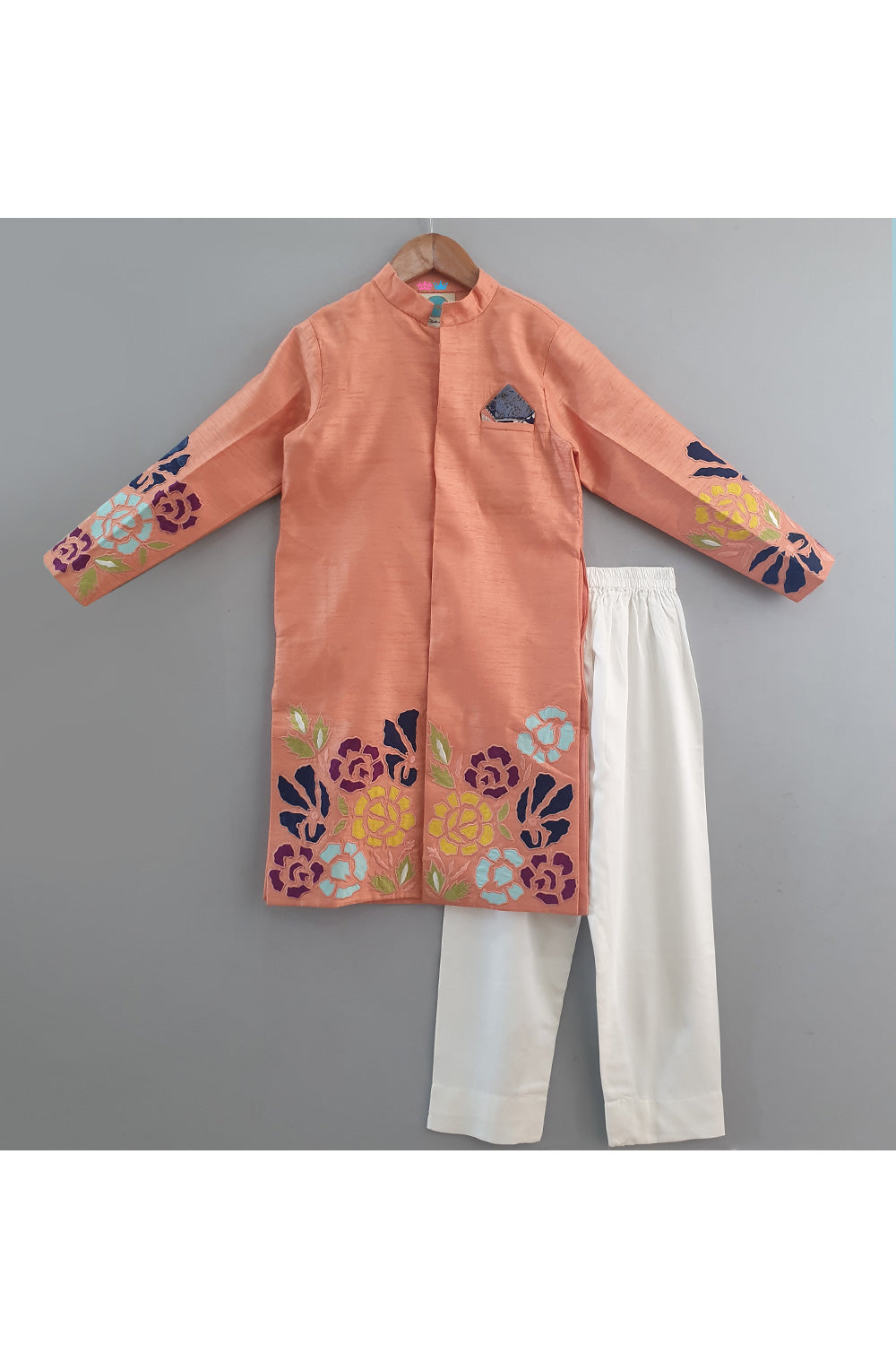 Peach Flower Patch Work Kurta With Pyjama Set