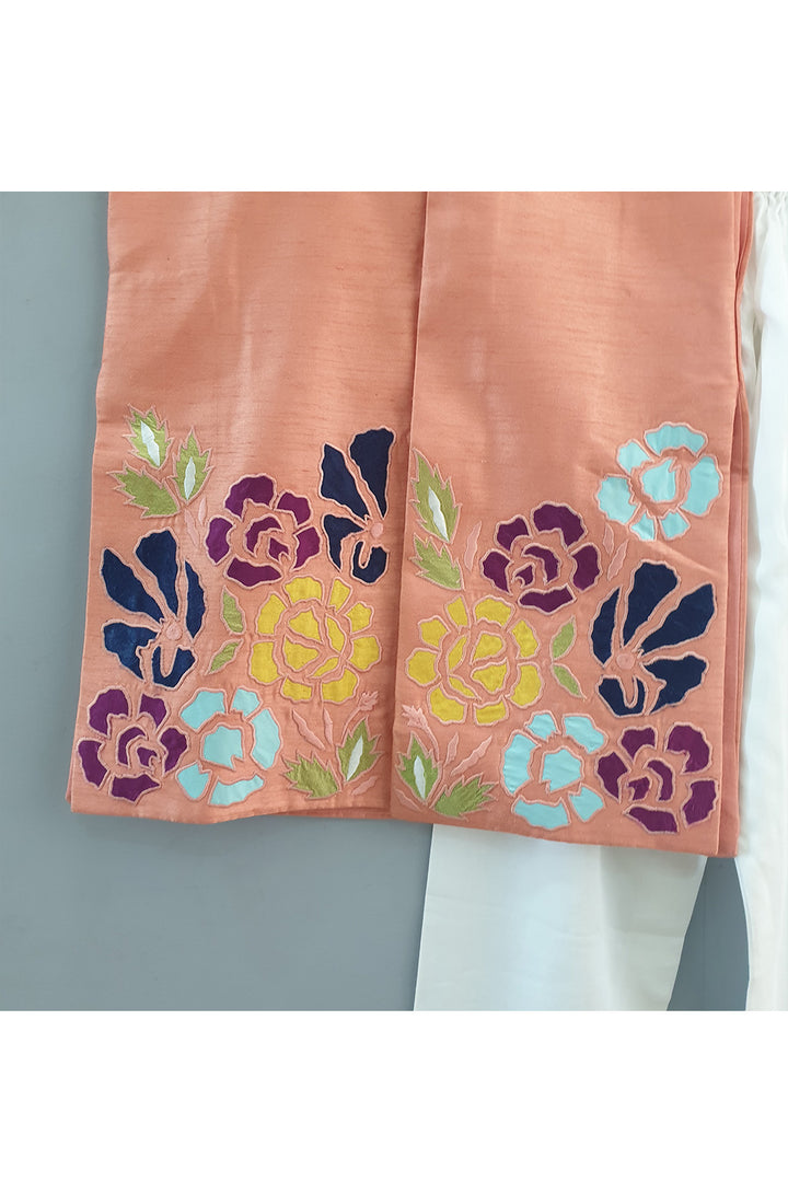Peach Flower Patch Work Kurta With Pyjama Set