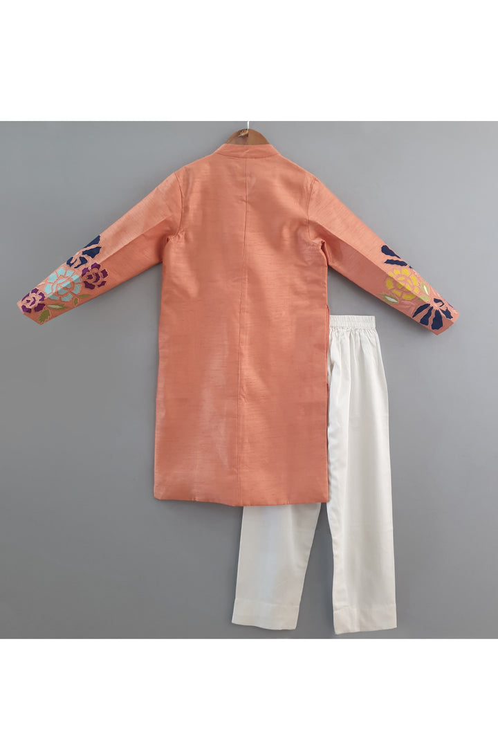Peach Flower Patch Work Kurta With Pyjama Set