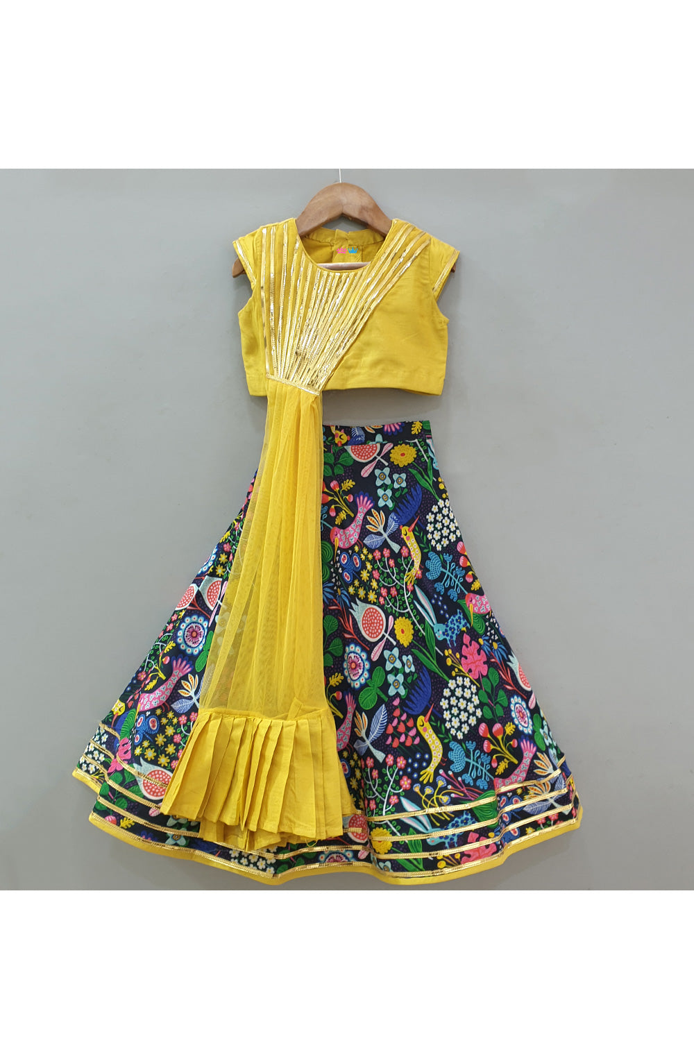 Lace Detailing Cotton Silk Top With Attached Dupatta And Printed Lehenga Set