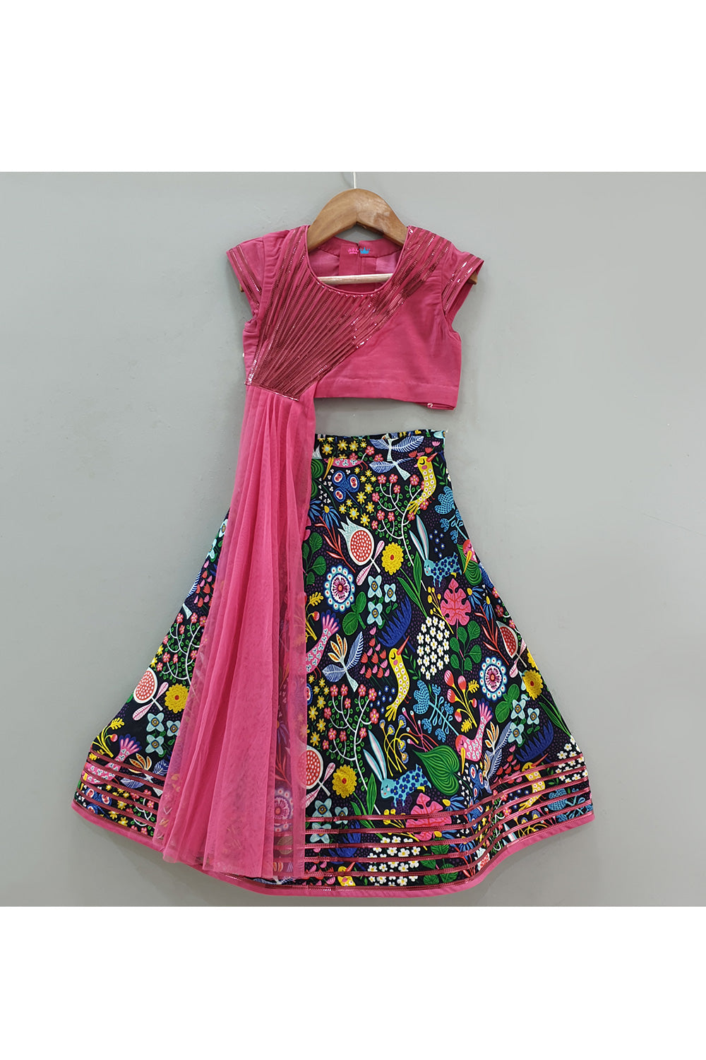 Lace Detailing Cotton Silk Top With Attached Dupatta And Printed Lehenga Set