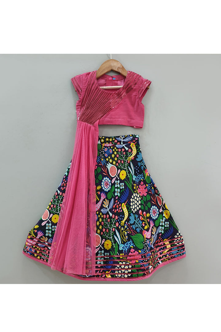 Lace Detailing Cotton Silk Top With Attached Dupatta And Printed Lehenga Set