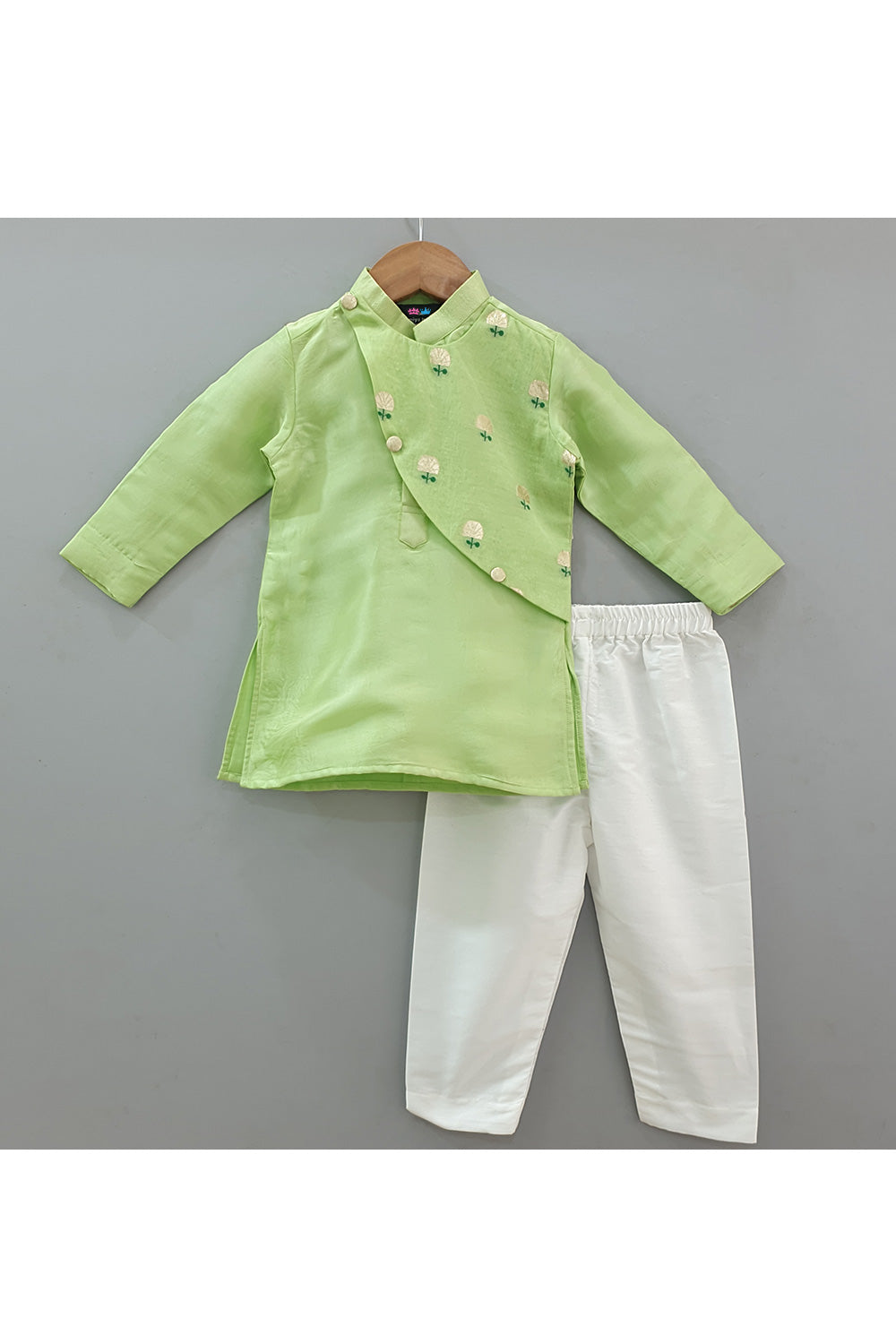 Mint Green Cotton Silk Kurta With Embroidered Attached Jacket And Pyjama Set