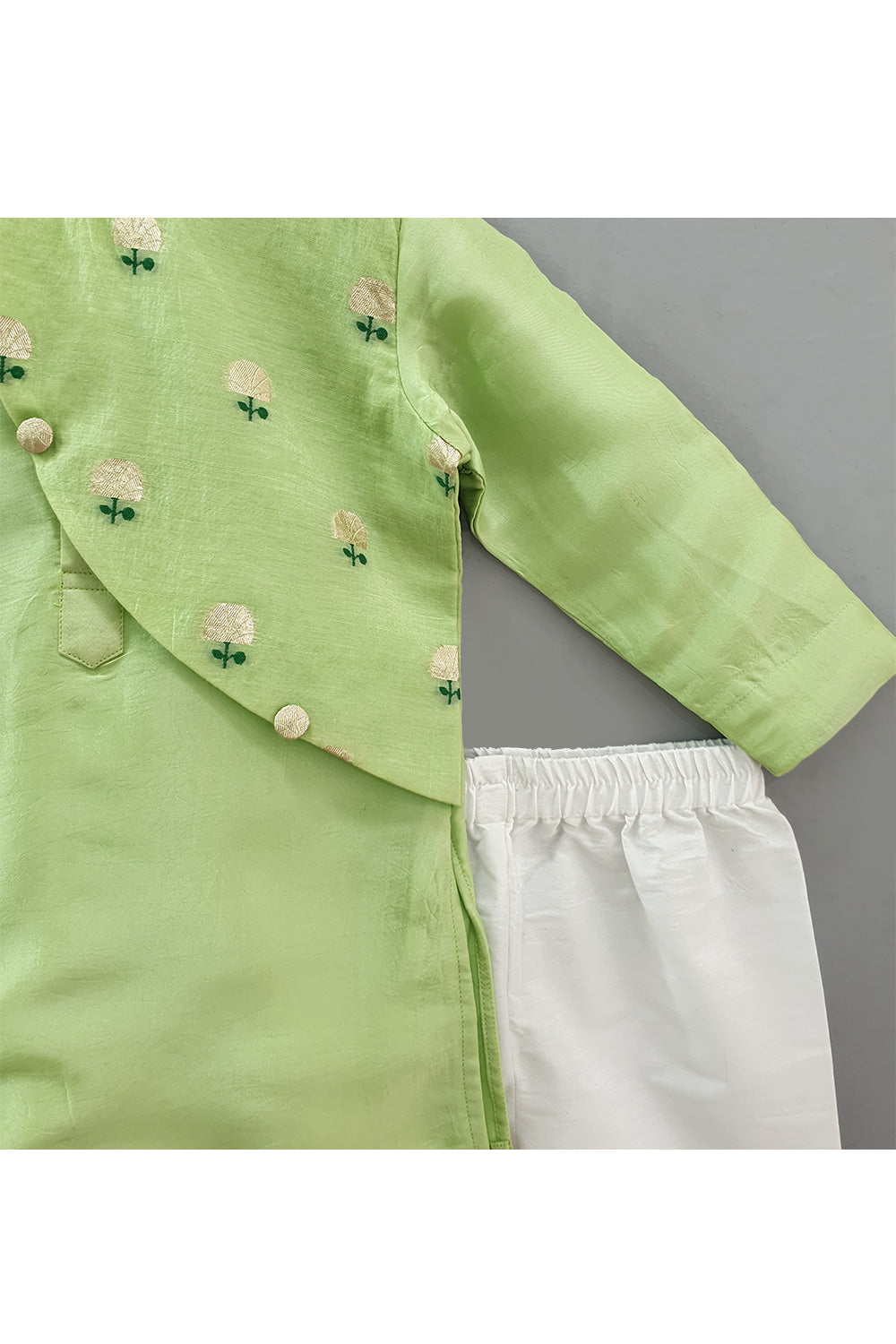 Mint Green Cotton Silk Kurta With Embroidered Attached Jacket And Pyjama Set