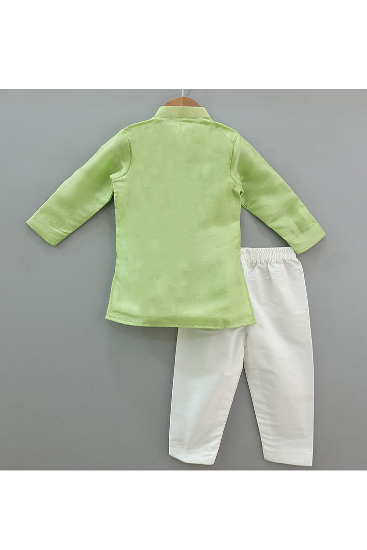 Mint Green Cotton Silk Kurta With Embroidered Attached Jacket And Pyjama Set