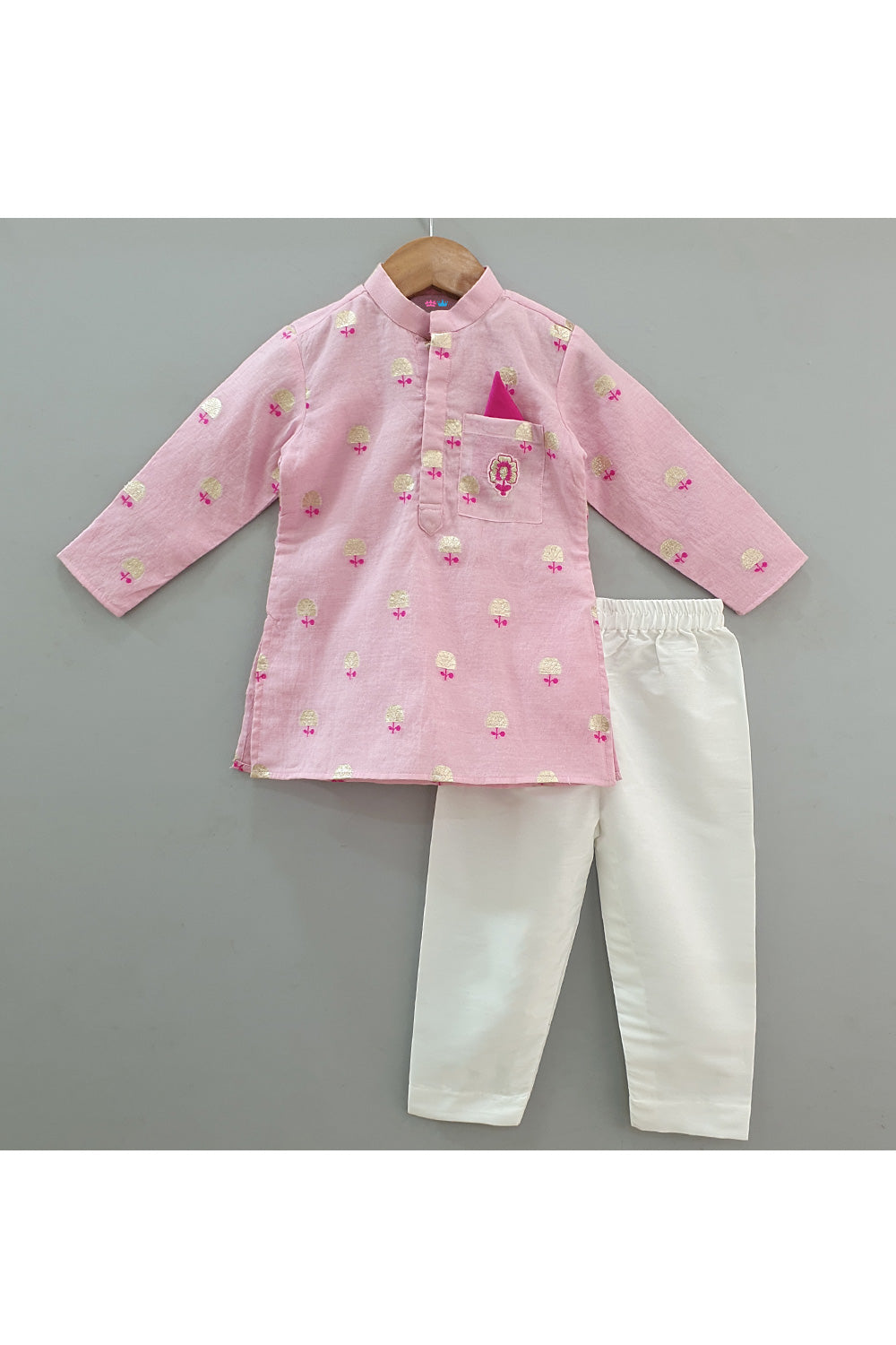 Pink Flower Embroidered Banarasi Chanderi Kurta With Pyjama Set