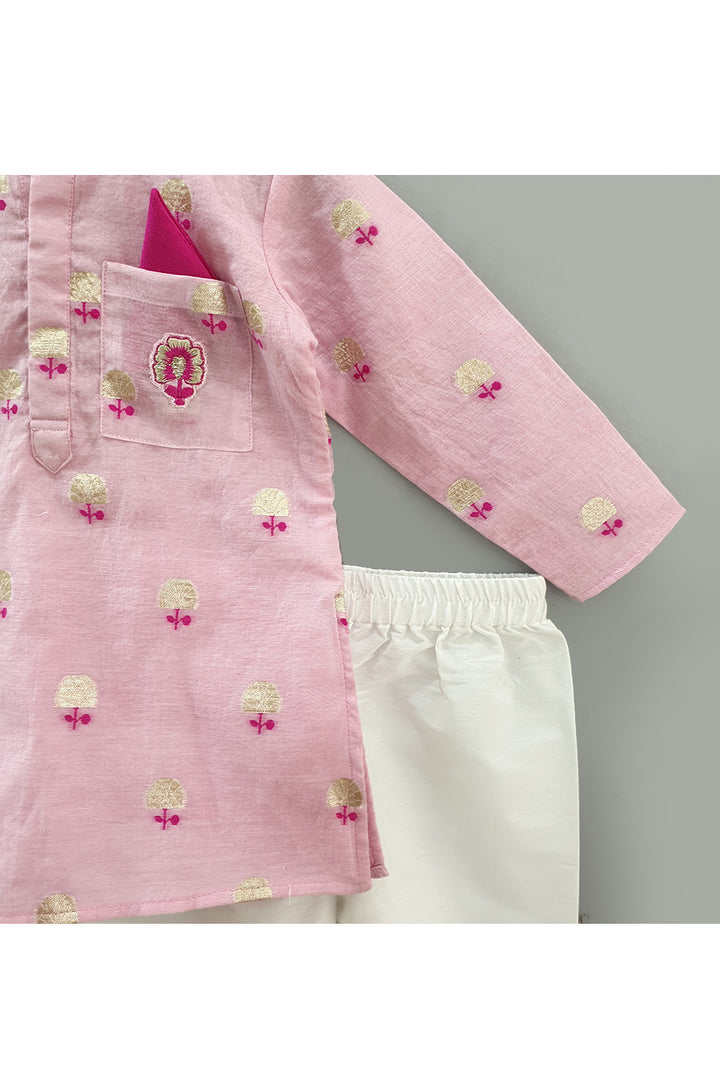 Pink Flower Embroidered Banarasi Chanderi Kurta With Pyjama Set