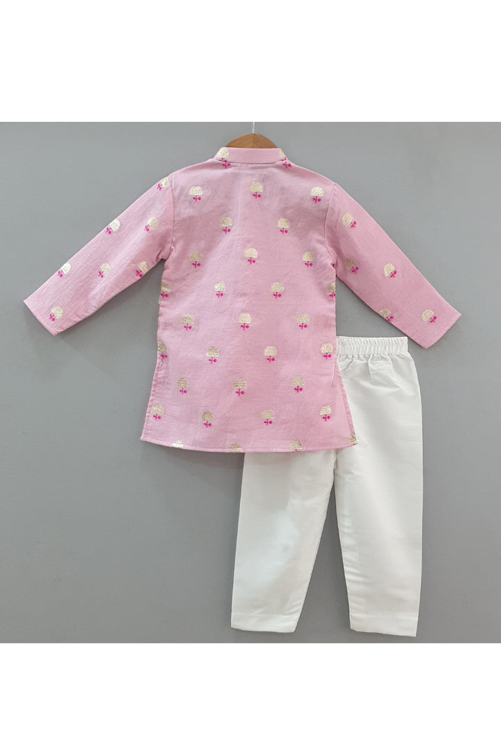 Pink Flower Embroidered Banarasi Chanderi Kurta With Pyjama Set