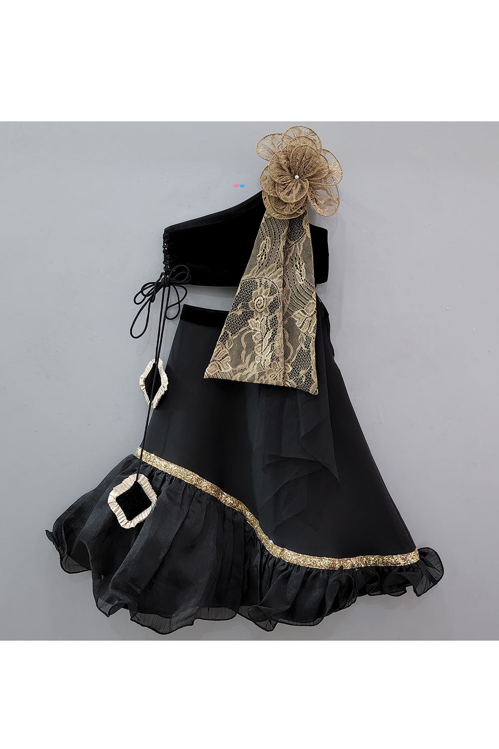 Black One Shoulder Velvet Top With Lehenga And Attached Dupatta