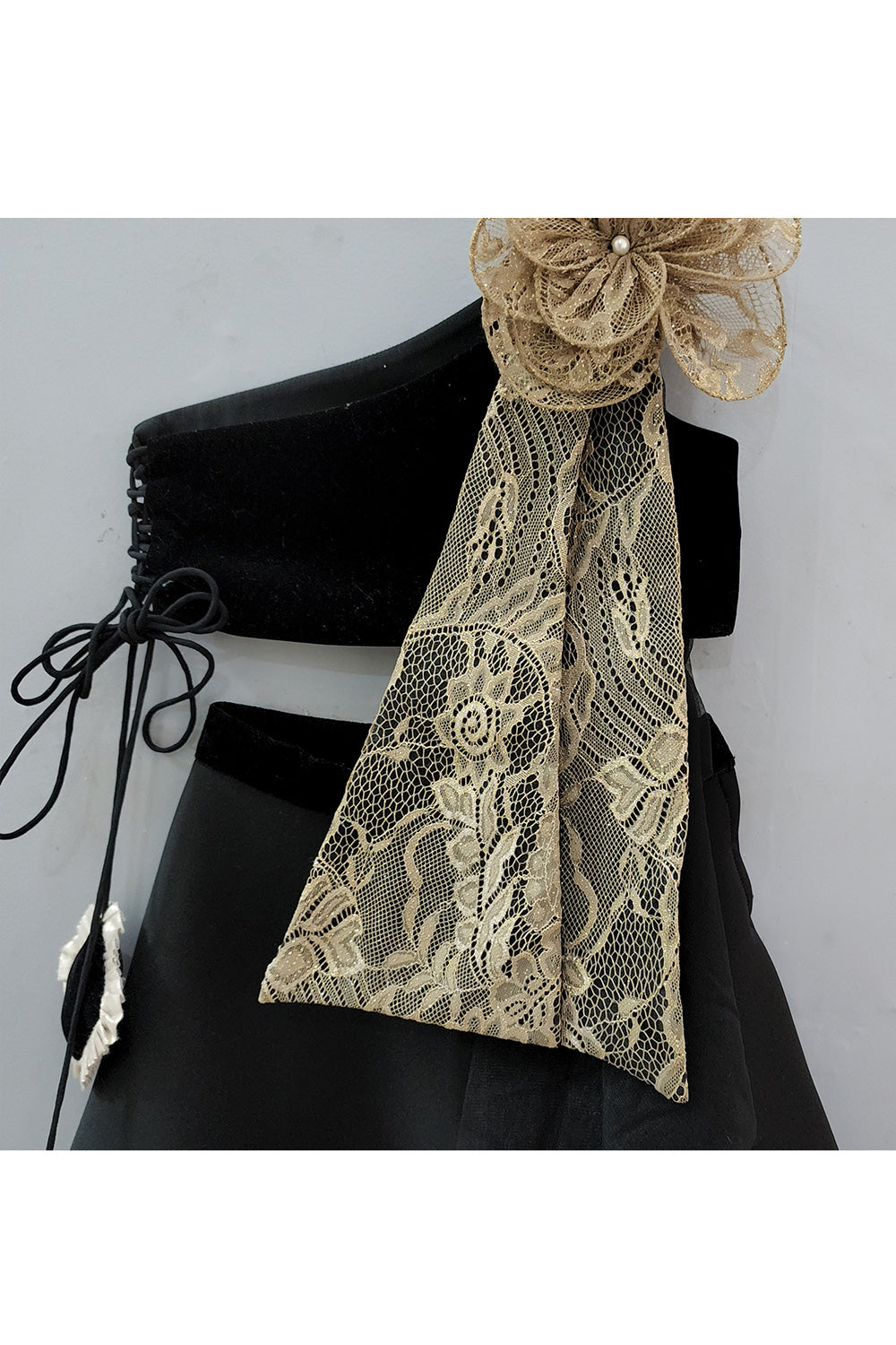 Black One Shoulder Velvet Top With Lehenga And Attached Dupatta