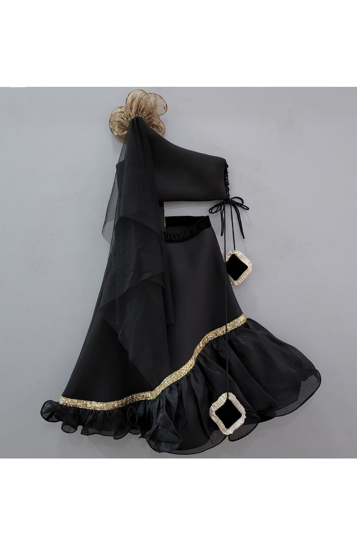 Black One Shoulder Velvet Top With Lehenga And Attached Dupatta
