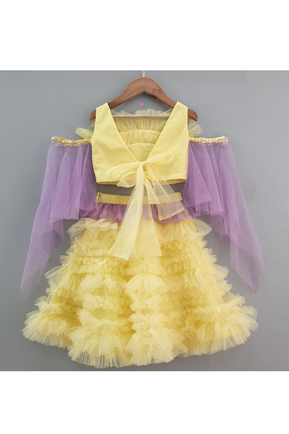 Yellow Embroidered Ruffle Top With Frill Lehenga Set