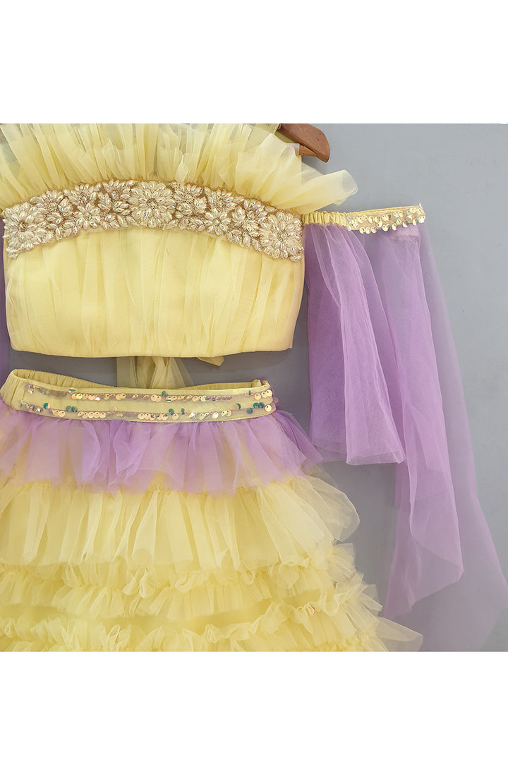 Yellow Embroidered Ruffle Top With Frill Lehenga Set