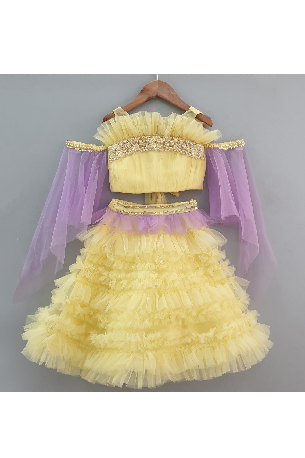 Yellow Embroidered Ruffle Top With Frill Lehenga Set