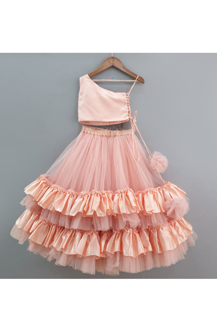 Peach Lace Detailing One Shoulder Top With Frill Lehenga Set
