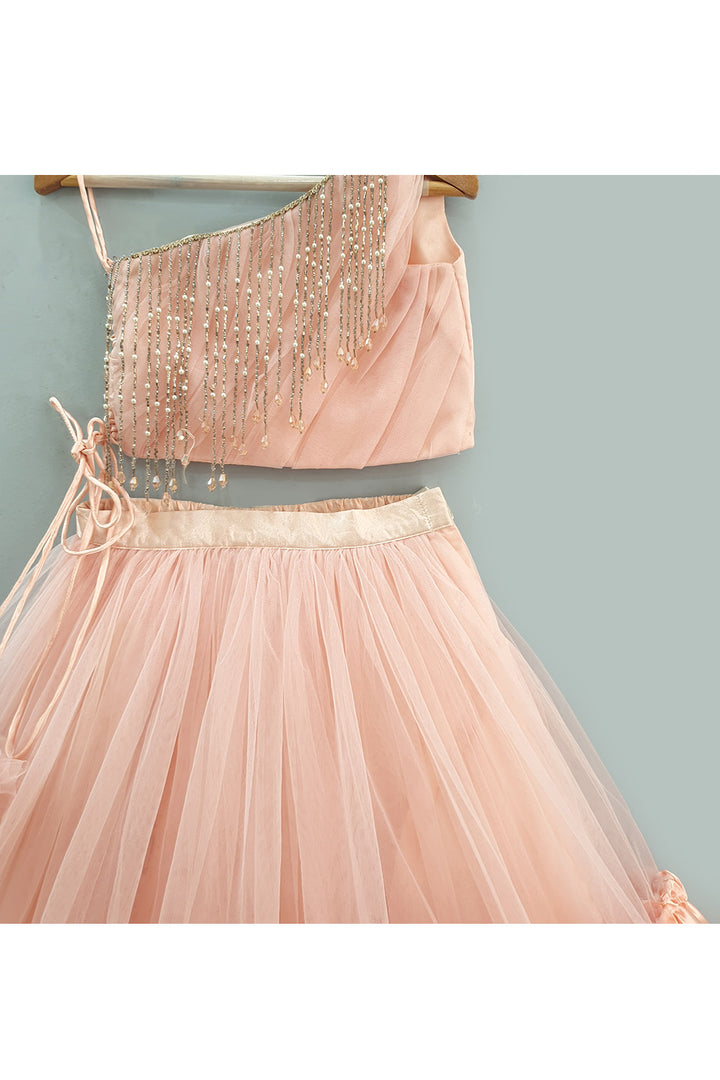 Peach Lace Detailing One Shoulder Top With Frill Lehenga Set