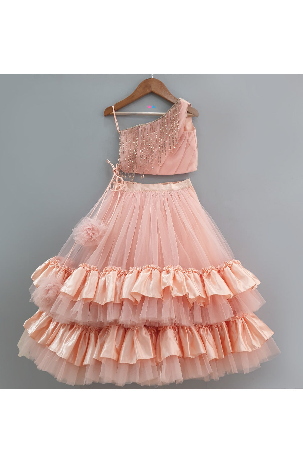 Peach Lace Detailing One Shoulder Top With Frill Lehenga Set