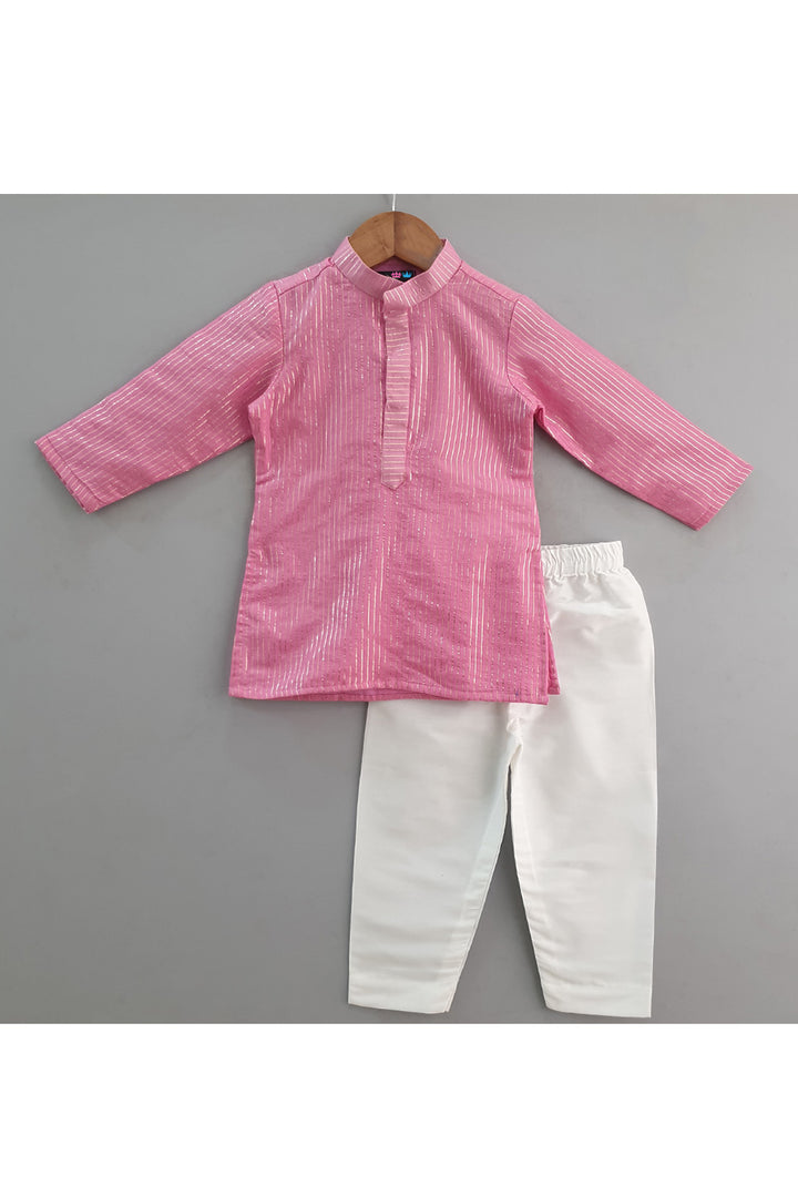 Rose Pink Chanderi Kurta With Mirror Faux Embroidered Jacket Set