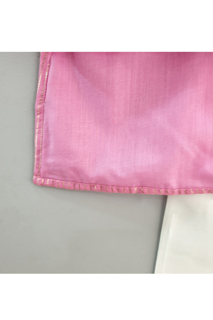 Rose Pink Chanderi Kurta With Mirror Faux Embroidered Jacket Set