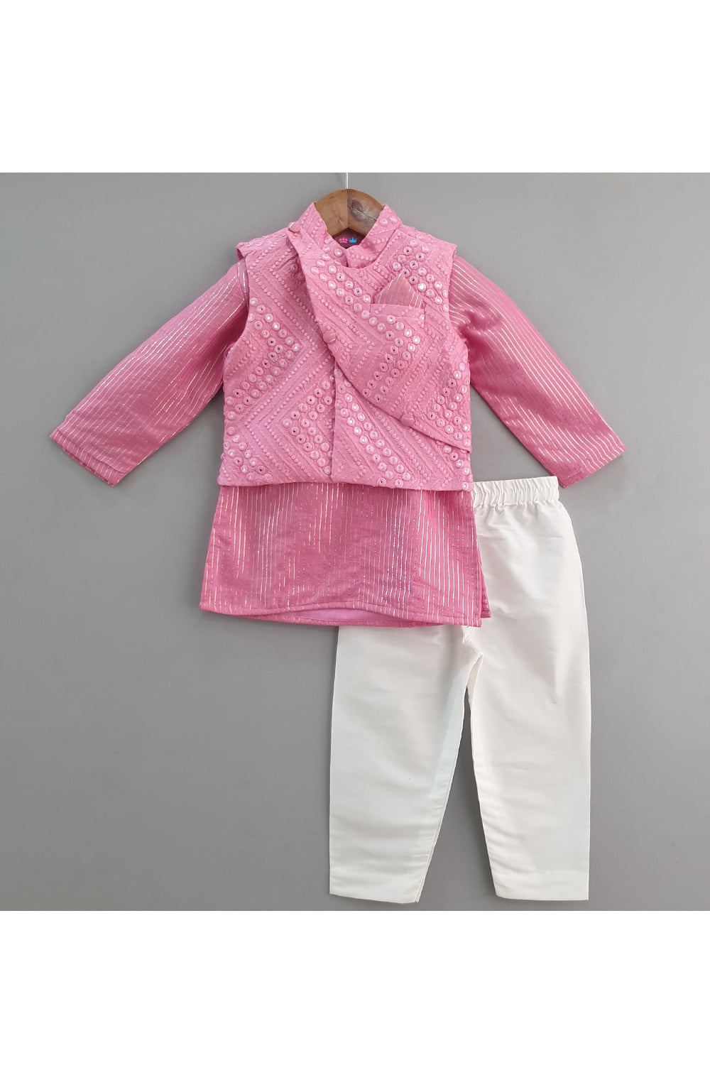 Rose Pink Chanderi Kurta With Mirror Faux Embroidered Jacket Set
