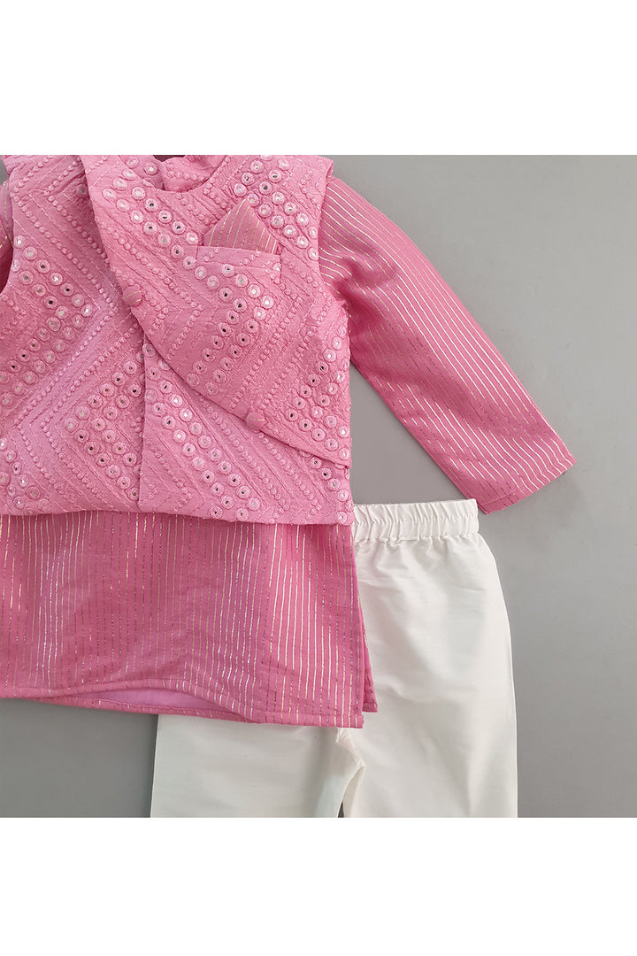 Rose Pink Chanderi Kurta With Mirror Faux Embroidered Jacket Set