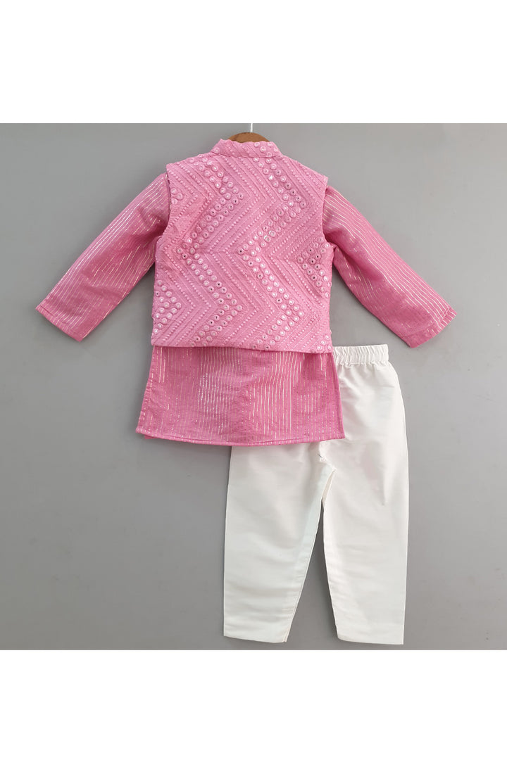 Rose Pink Chanderi Kurta With Mirror Faux Embroidered Jacket Set